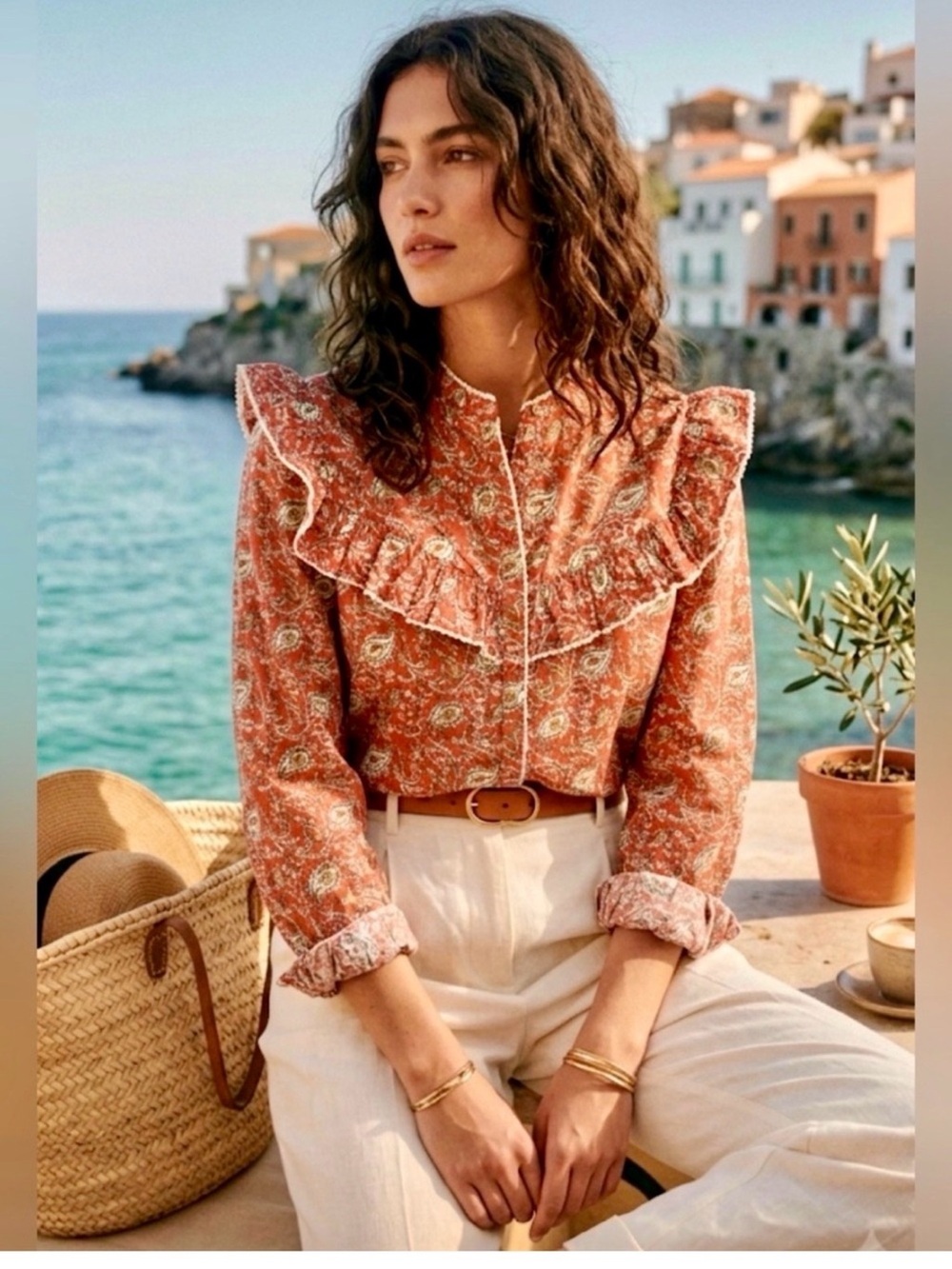 SONMER Dorothy Blouse Terracotta Paisley Ruffle-Trim Button Front Blouse